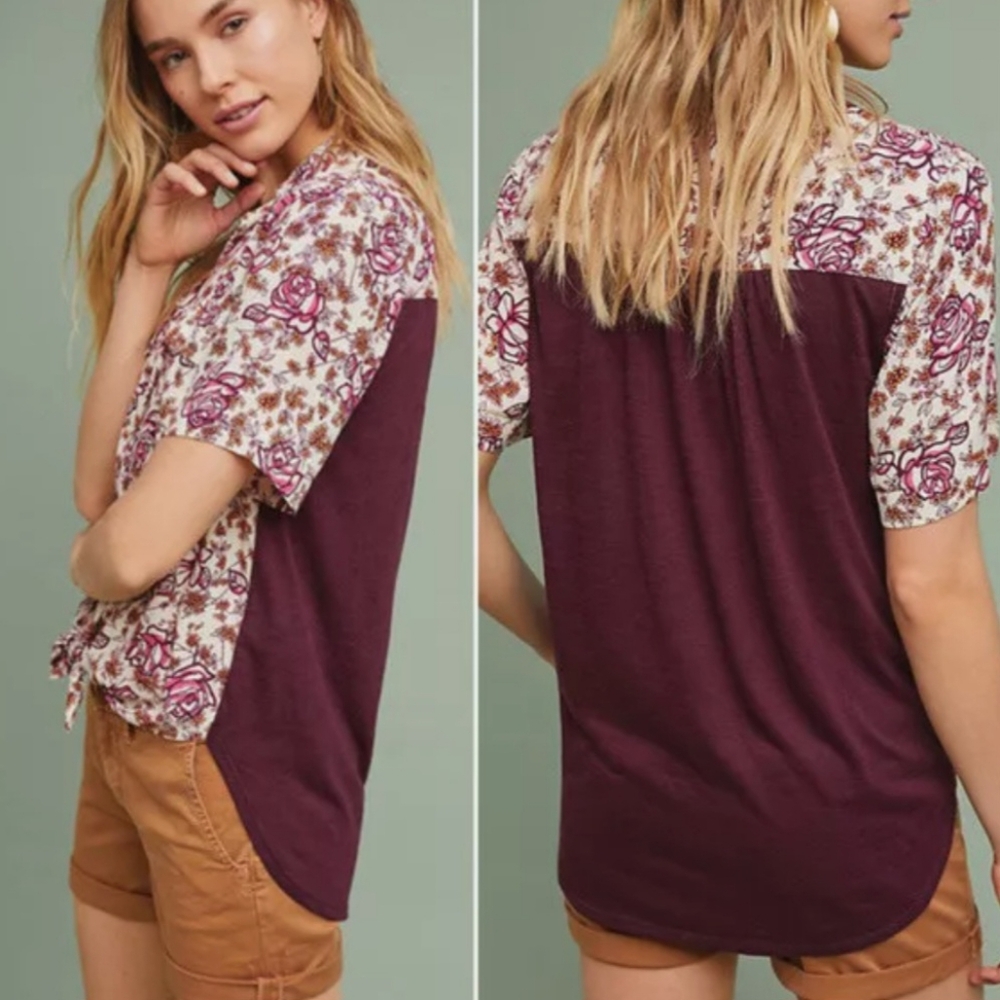 Porridge Anthropologie Bergen Burgundy Rose Button Down Floral Blouse, Sz S